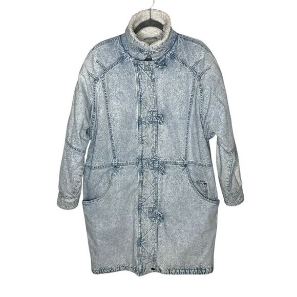 Vtg 80s Andy Johns Acid Wash Long Denim Sherpa Jacket Size M Zip Toggle Buttons - Picture 1 of 15